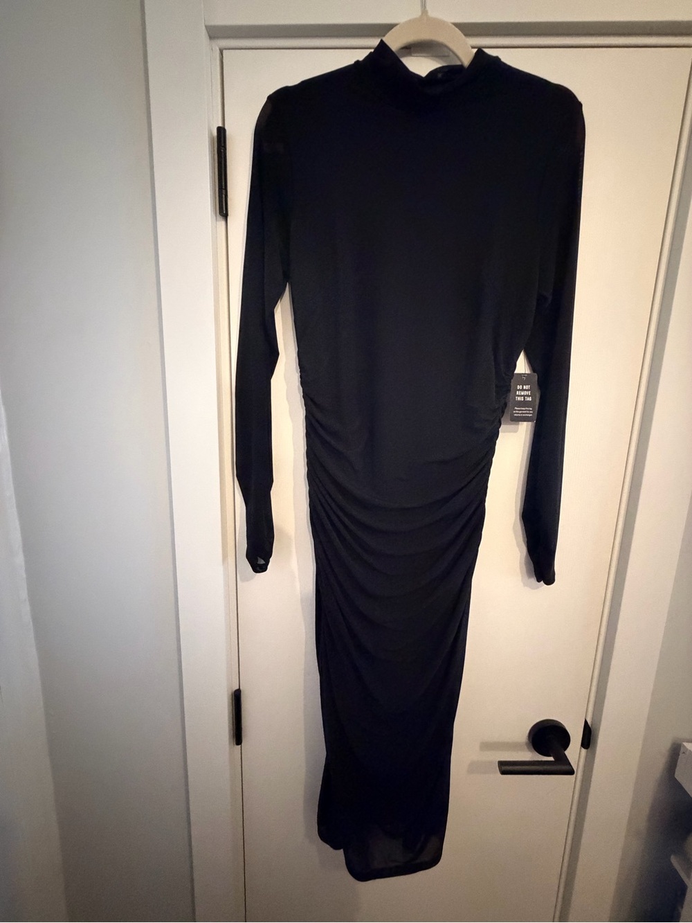 Express Black Long-Sleeve Ruched Midi Dress with Sheer Accents